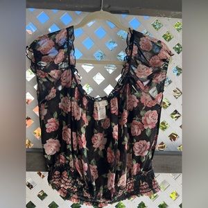 Black and pink floral blouse. Size: L, Condition: Good